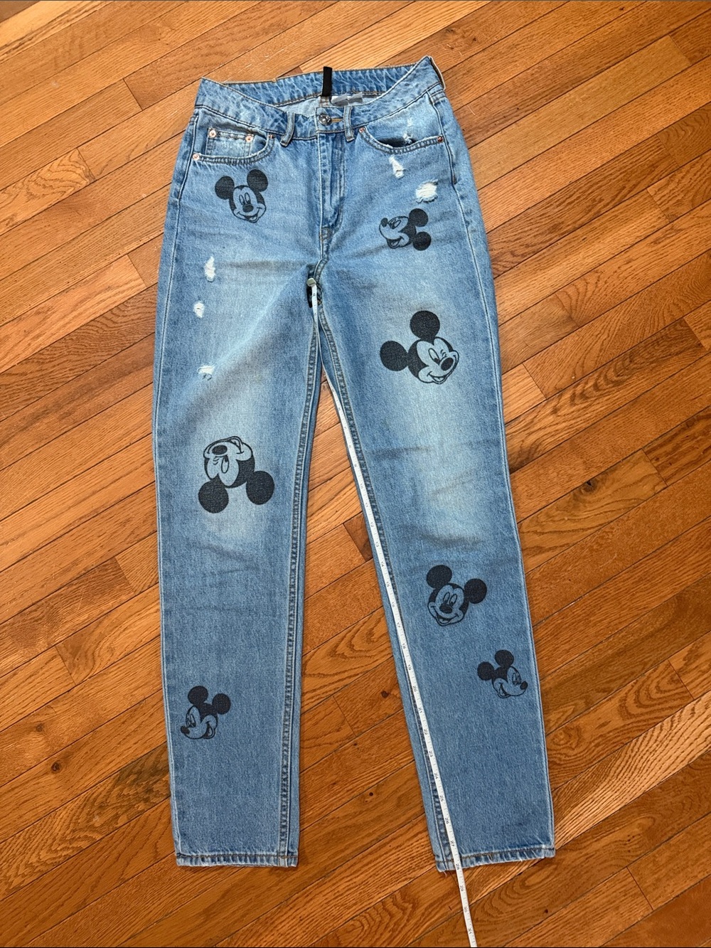 H&M Light Blue High-Rise Jeans with Black Mickey Mouse Prints